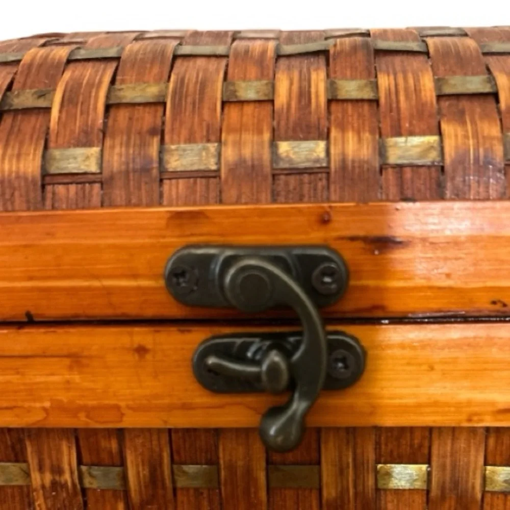 Vintage Woven Rattan Bamboo And Wood Treasure Chest Aged Brass Closure